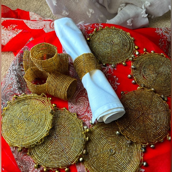 Set of 6 Gold Beaded Christmas Holiday Coasters and 6 matching napkins rings - Picture 1 of 4